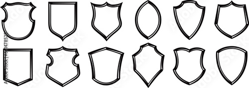 Badge shapes. Shields set. Patch template, different insignia badges backgrounds and vintage label frame vector set. Security or emergency service patches, protective shield isolated collection