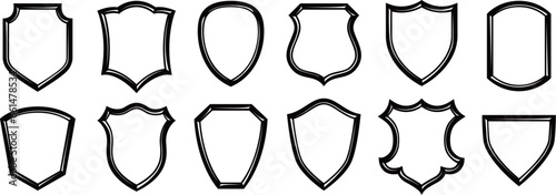 Badge shapes. Shields set. Patch template, different insignia badges backgrounds and vintage label frame vector set. Security or emergency service patches, protective shield isolated collection