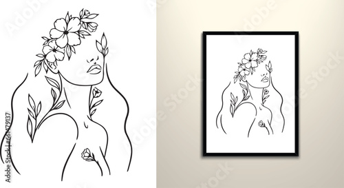 women face with floral hair line drawing art 