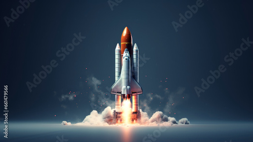 Rocket launch into space. Modern digital rocket launching on grey background