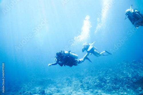 People, swimming and scuba diving in ocean to explore underwater, adventure and tropical holiday or vacation. Sports, group and athlete or expert diver in blue water, bubbles and search for sea life