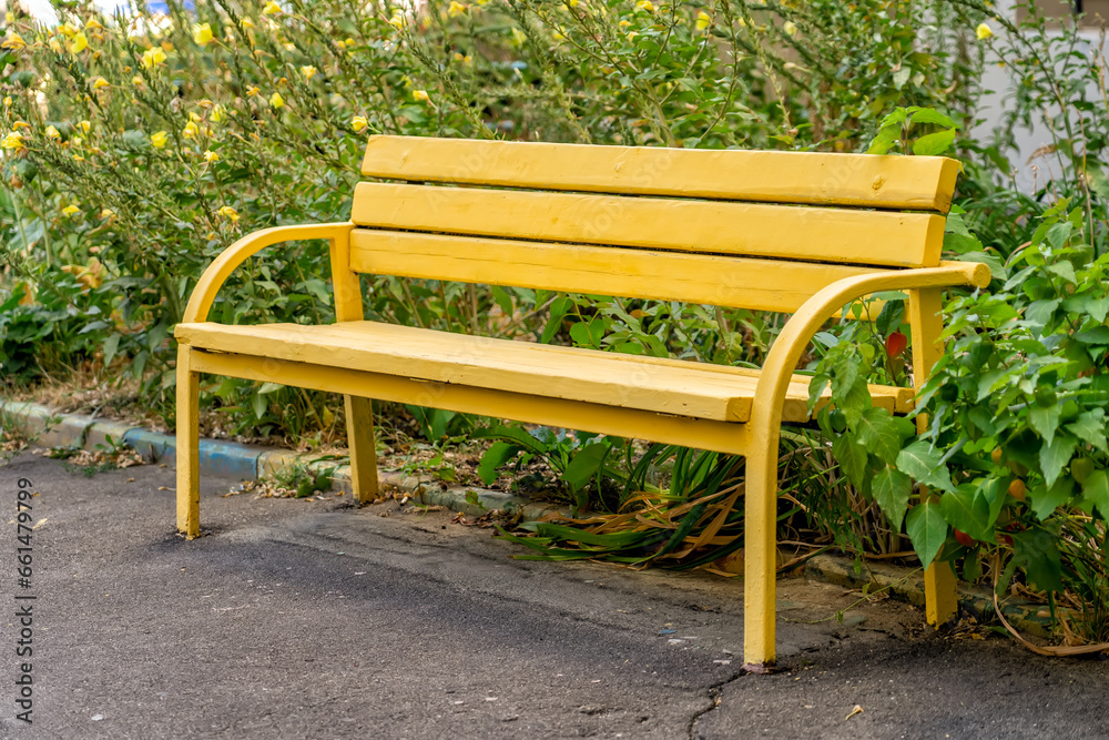 Empty aged vivid yellow wooden bench in autumn park with flowers Empty aged vivid yellow wooden bench in autumn park with flowers