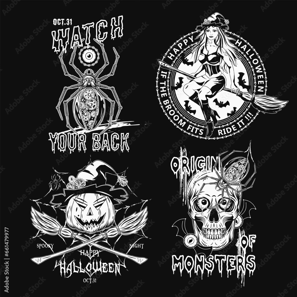 Fototapeta premium Set of halloween labels with monsters, steampunk mechanical spider, beautiful young witch on broom, pumpkin head, human skull with red eyes. Black and white emblems on black background