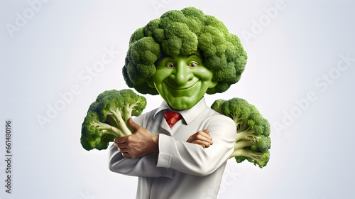 Chef With Broccoli Head in white background, Unique and Fun Character holding broccoli