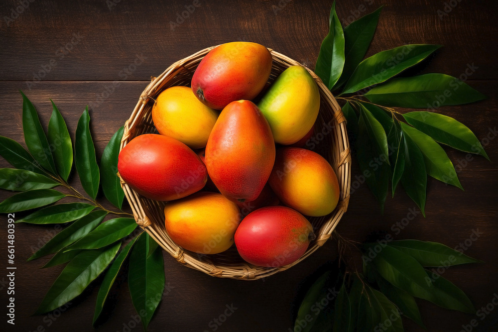 Top view of an assemblage of mangoes in a wooden basket on a green leaf background. Top view of an assemblage of mangoes in a wooden basket on a green leaf background.