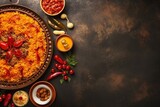 A sumptuous paella, ingredients glistening invitingly, is set against the vibrant, blurred backdrop of a teeming Spanish marketplace. 