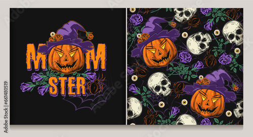 Pattern, label with skulls, pumpkin head like witch in purple hat, purple roses, eyeballs, spiders. Grunge silhouette of spider web behind. Holiday illustration on dark background. Family concept