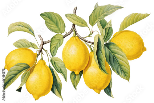 Botanical illustration, branch with lemons and leaves, vintage plant illustration.