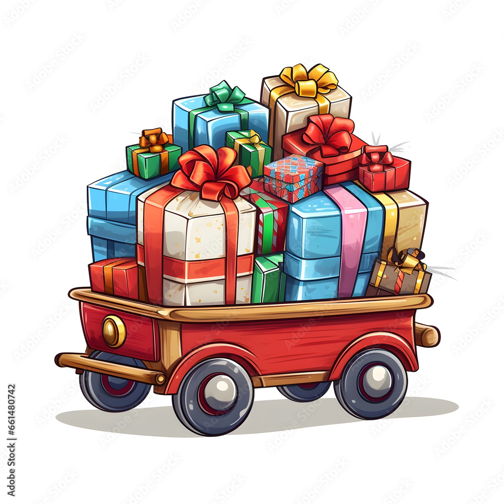 Christmas sticker, A wagon filled with holiday presents on transparent background cutout - Generative AI Christmas sticker, A wagon filled with holiday presents on transparent background cutout - Generative AI