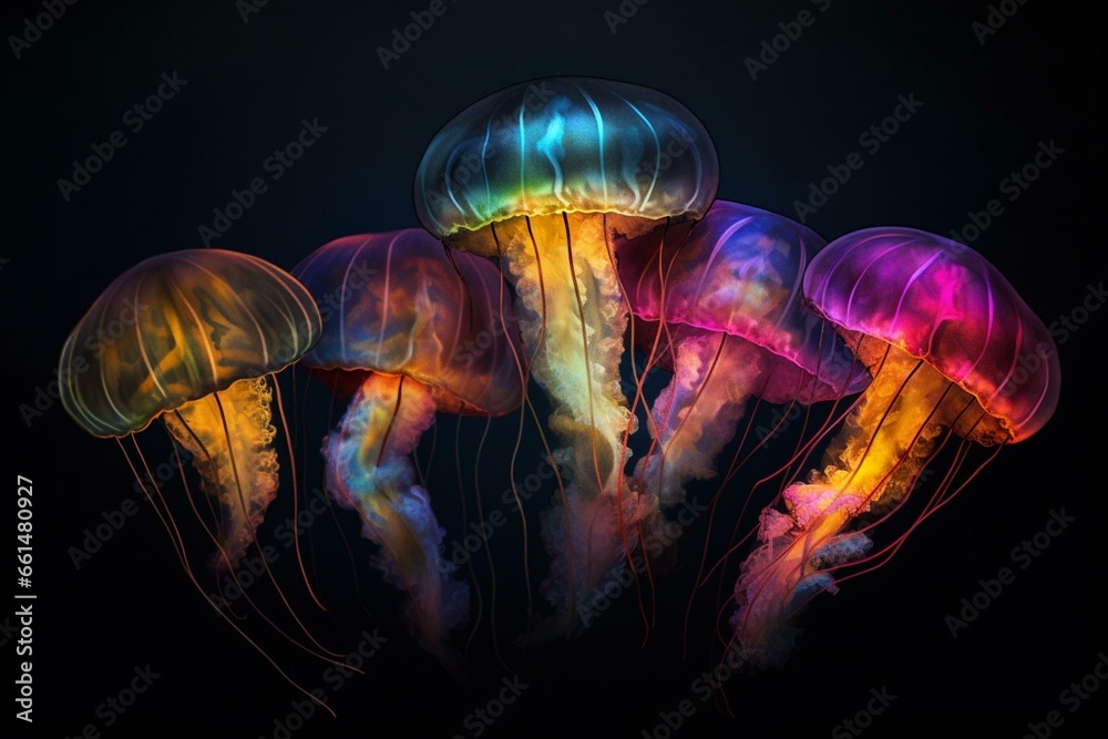 Vibrant jellyfish artwork on dark backdrop. Generative AI
