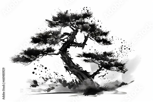 Ink drawing of a pine tree with grass, created using sumi-e, u-sin and gohua painting style. Silhouette made of black brushstrokes isolated on white background. Generative AI photo