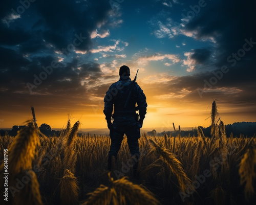 A soldier with a weapon in his hands stands in a wheat field at sunset, rear view