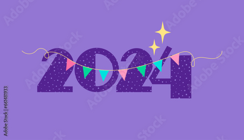 2024 logo with hand-drawn dots on lilac background. Vector illustration for new year decoration