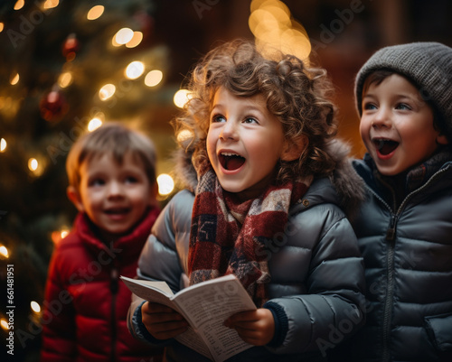 Cheerful children sing carols on the street