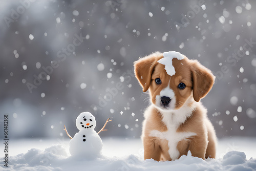 Puppy making a snowman