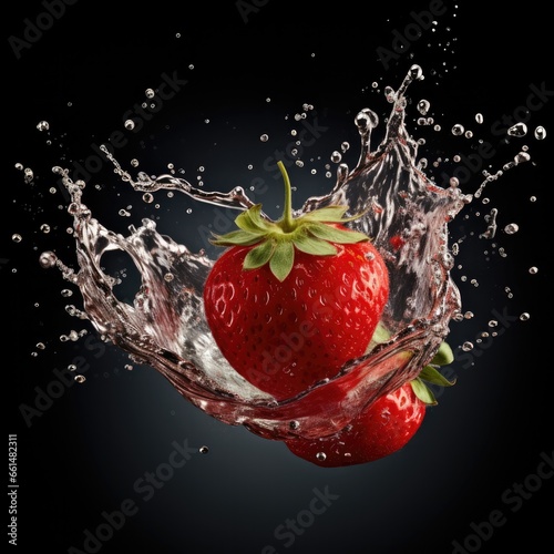 Strawberries water splash on black background, studio commercial shot, ai generated