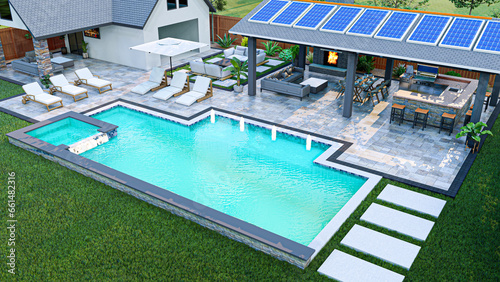 3D modeling and rendering of swimming pool design.