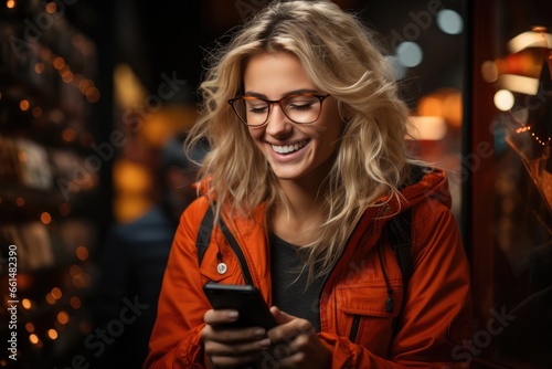 Happy woman browsing internet, using smartphone for online shopping outdoor