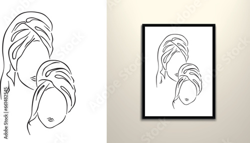 Mom and daughter face line art drawing 