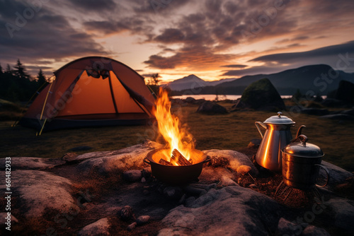 campfire, teapot, tent , mountains at sunset AI generative 