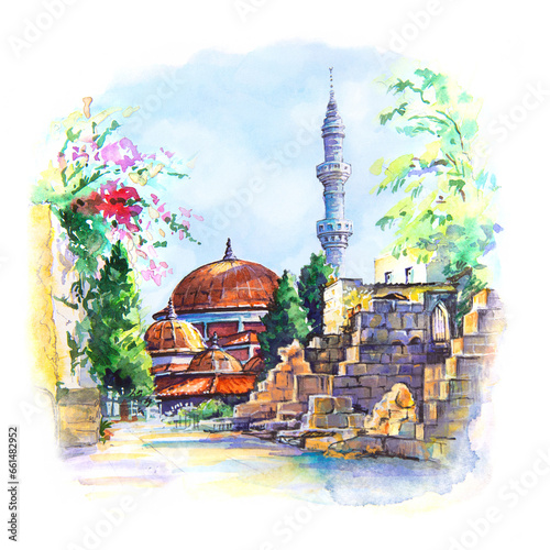Watercolor sketch of Suleymaniye Mosque on Rhodes, Dodecanese islands, Island of the Sun, Greece