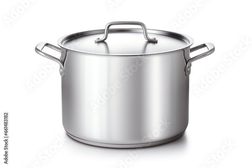 Stainless steel new pot isolated on white background. Close up.