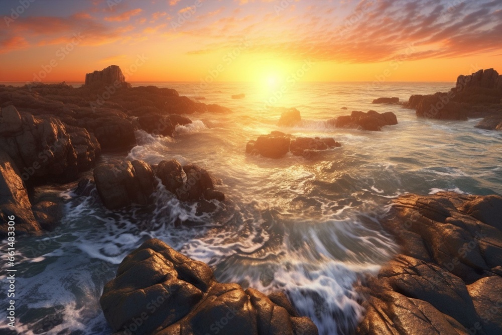 Stunning ocean sunset by rocks, sunrise sea panorama. Immaculate 3D-rendered landscape. Generative AI