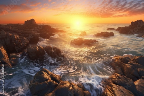 Stunning ocean sunset by rocks, sunrise sea panorama. Immaculate 3D-rendered landscape. Generative AI