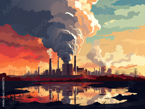 An industrial enterprise pollutes the environment in the district. Environmental disaster. Generated by AI. photo