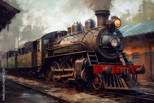Vintage locomotive at platform in a small artwork. Generative AI