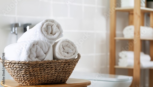 Wicker basket with fresh white towels on stool in bathroom with blurry background