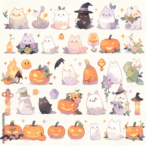 Fototapeta Naklejka Na Ścianę i Meble -  halloween cute rabbit animals cat magic hats magician emoji expressions