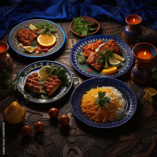 Four beautifully presented plates laden with a selection of Moroccan dishes, each a tantalizing display of the country's rich culinary tradition.