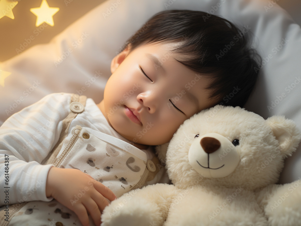 寝室でぬいぐるみを抱いて眠る赤ちゃん 寝室でぬいぐるみを抱いて眠る赤ちゃん