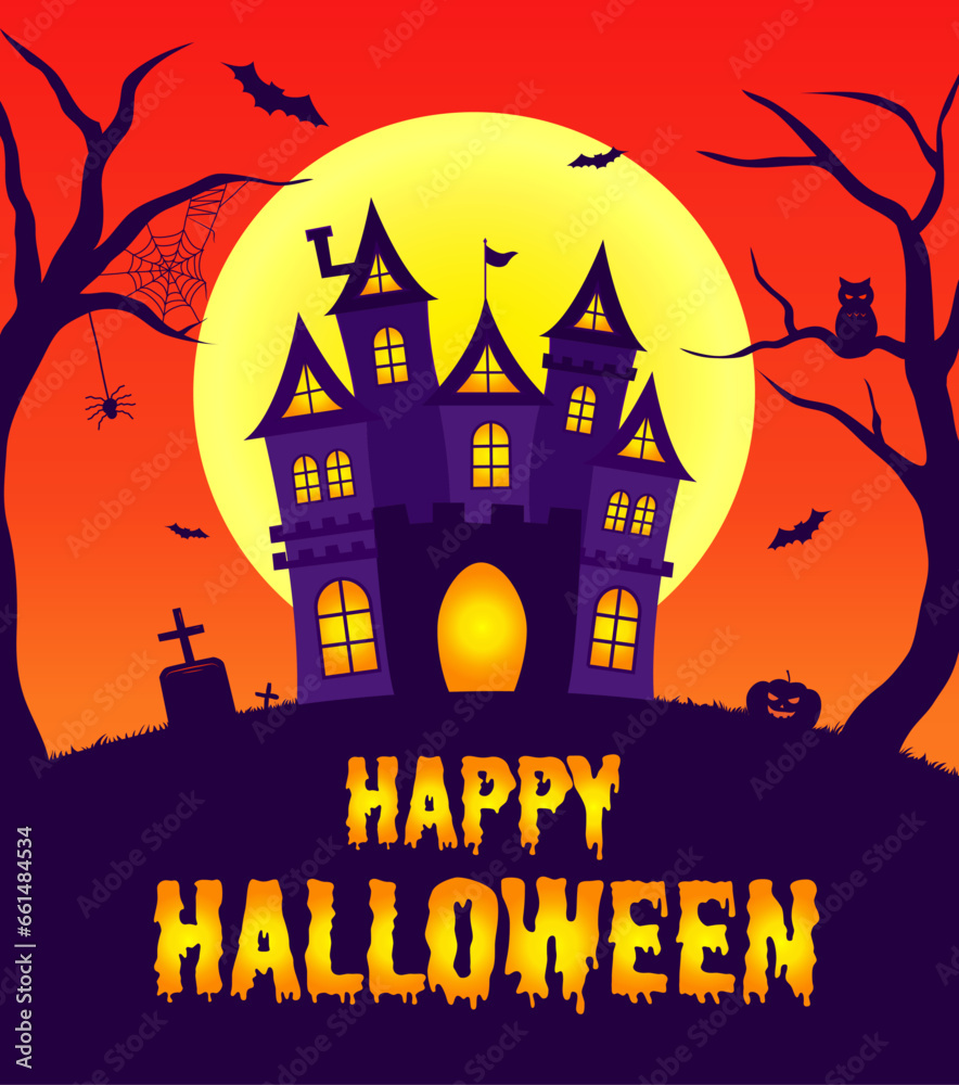 Happy Halloween illustration with landscape with castle