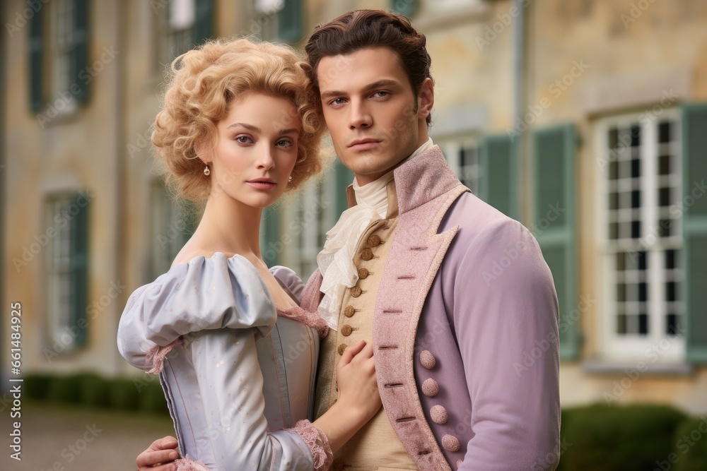 Gorgeous Young Couple Wearing Regency Era Clothing Royal Vintage Victorian 18th Century Generative Ai