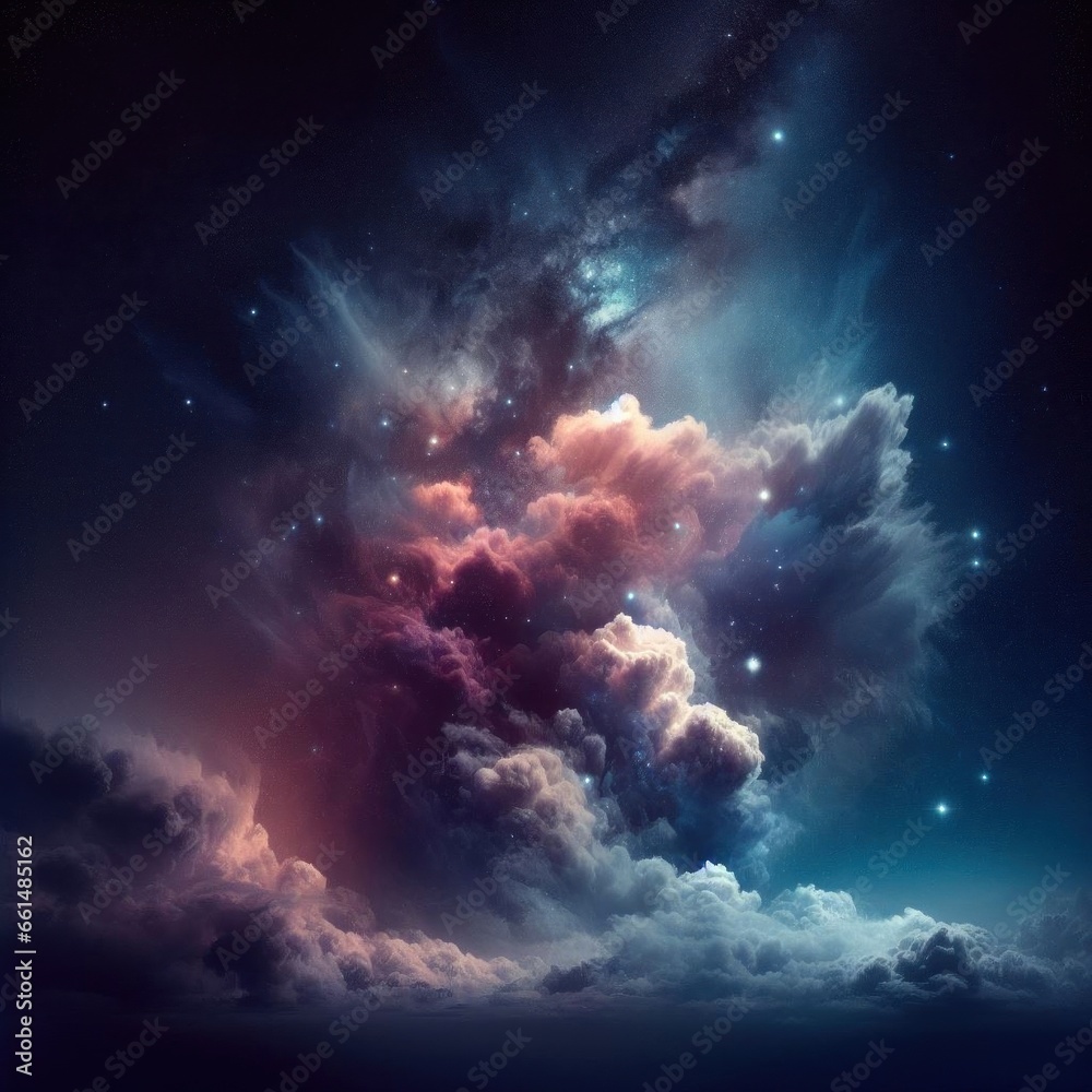 Illustration of the night sky in space with clouds and stars abstract background