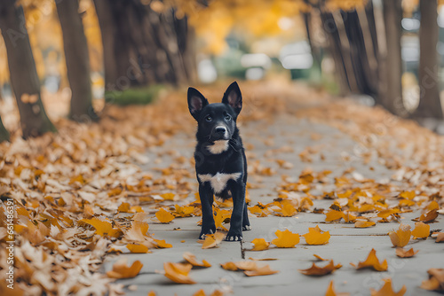 puppy falling leaves