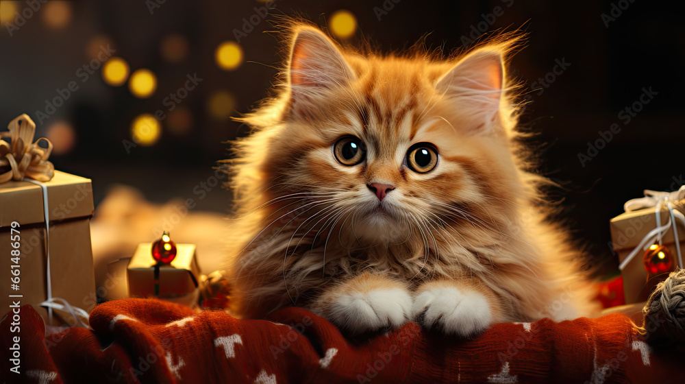 Cute little kitten with Christmas decorations on bokeh lights background