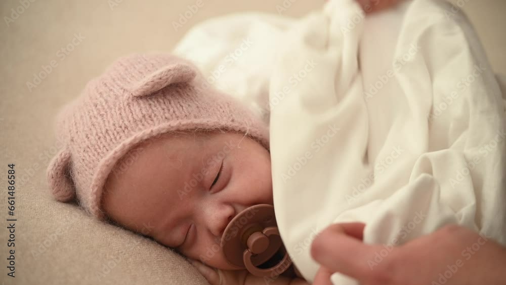 Sleeping newborn cute baby girl or boy during first week of life. 4k slow motion120 fps raw video. Happy family concept. Small baby sleep in bed with small bear toy in hand and nipple Sleeping newborn cute baby girl or boy during first week of life. 4k slow motion120 fps raw video. Happy family concept. Small baby sleep in bed with small bear toy in hand and nipple