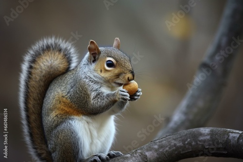 A squirrel holding a nut perched on a tree branch. Generative AI