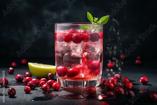 Refreshing cranberry-infused water with a splash, created with pure ingredients. Healthy, detoxifying drink concept with ice cubes. Generative AI