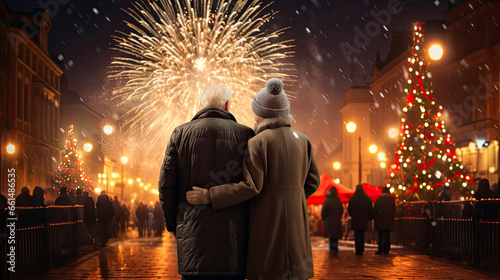 Back view of elderly couple looking at fireworks on Christmas eve