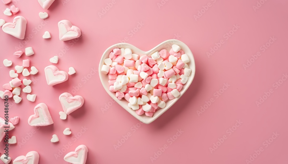 Top view of heart shaped marshmallow and sprinkles on pink background with copy space