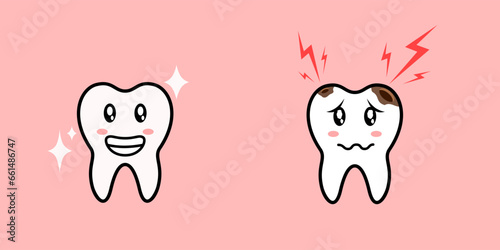 Cute set teeth with different emotions for label design, Cartoon detailed Illustrations 3D realistic happy and unwell teeth on pink background, vector illustration.