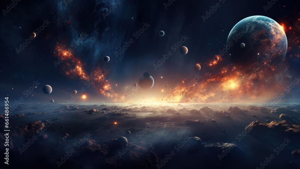 Panoramic view of planets in distant solar system in space Panoramic view of planets in distant solar system in space