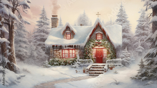 facade of a cottage in winter forest. Vintage style, painting, snow Christmas scene © l1gend