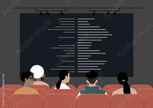 A cinema movie screen showcasing the final titles, creating an ambiance of art and entertainment, with individuals seated in red-upholstered chairs