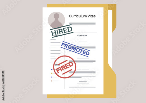 A blank CV template featuring stamps for hired, promoted, and fired, symbolizing the various stages of an employee's journey within a company