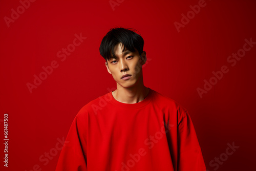 Asian man on red background